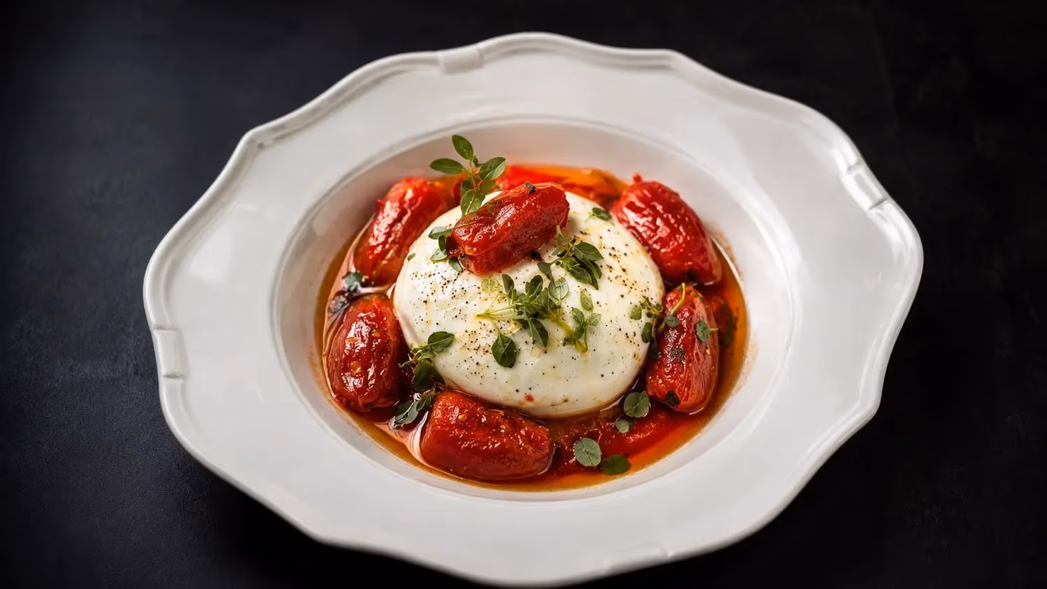 A white bowl containing a mozzarella ball, sun-dried tomatoes, and thyme leaves, placed on a black surface